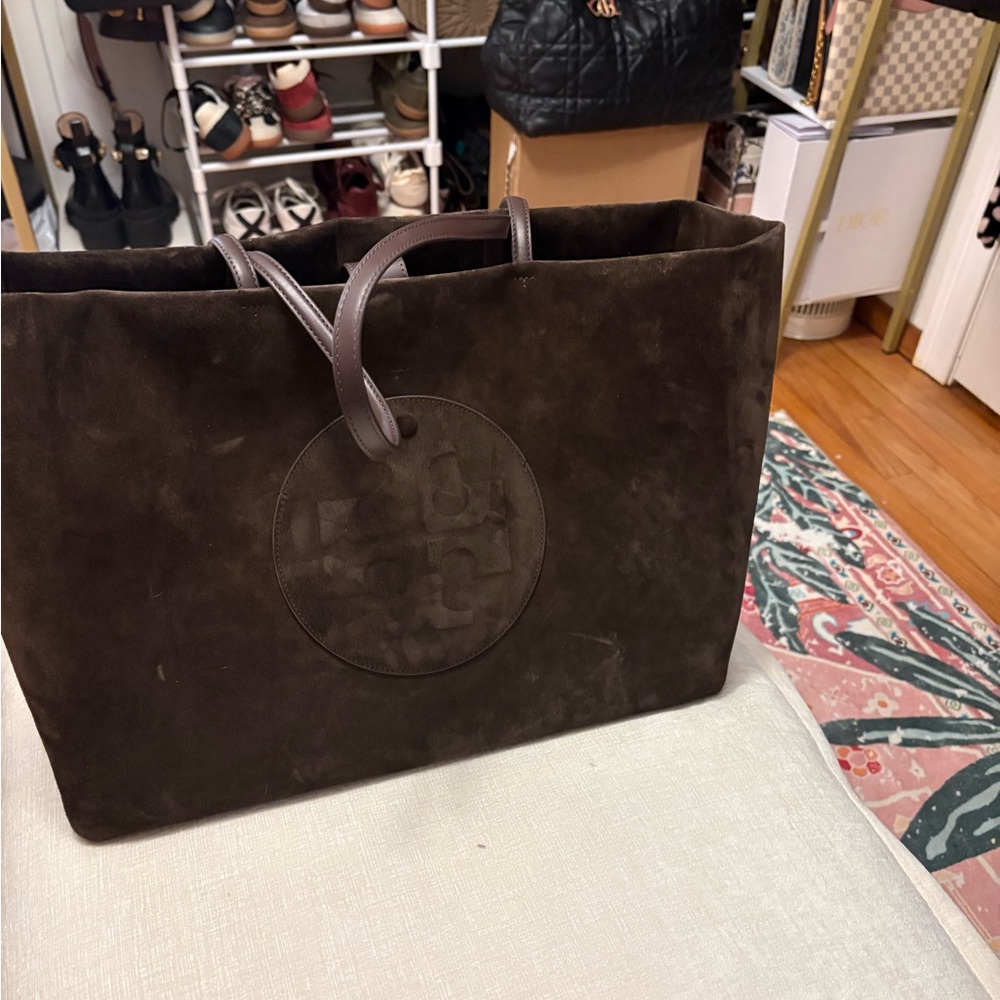 Tory Burch Dark Brown Suede Tote with Leather Handles - Picture 2 of 5
